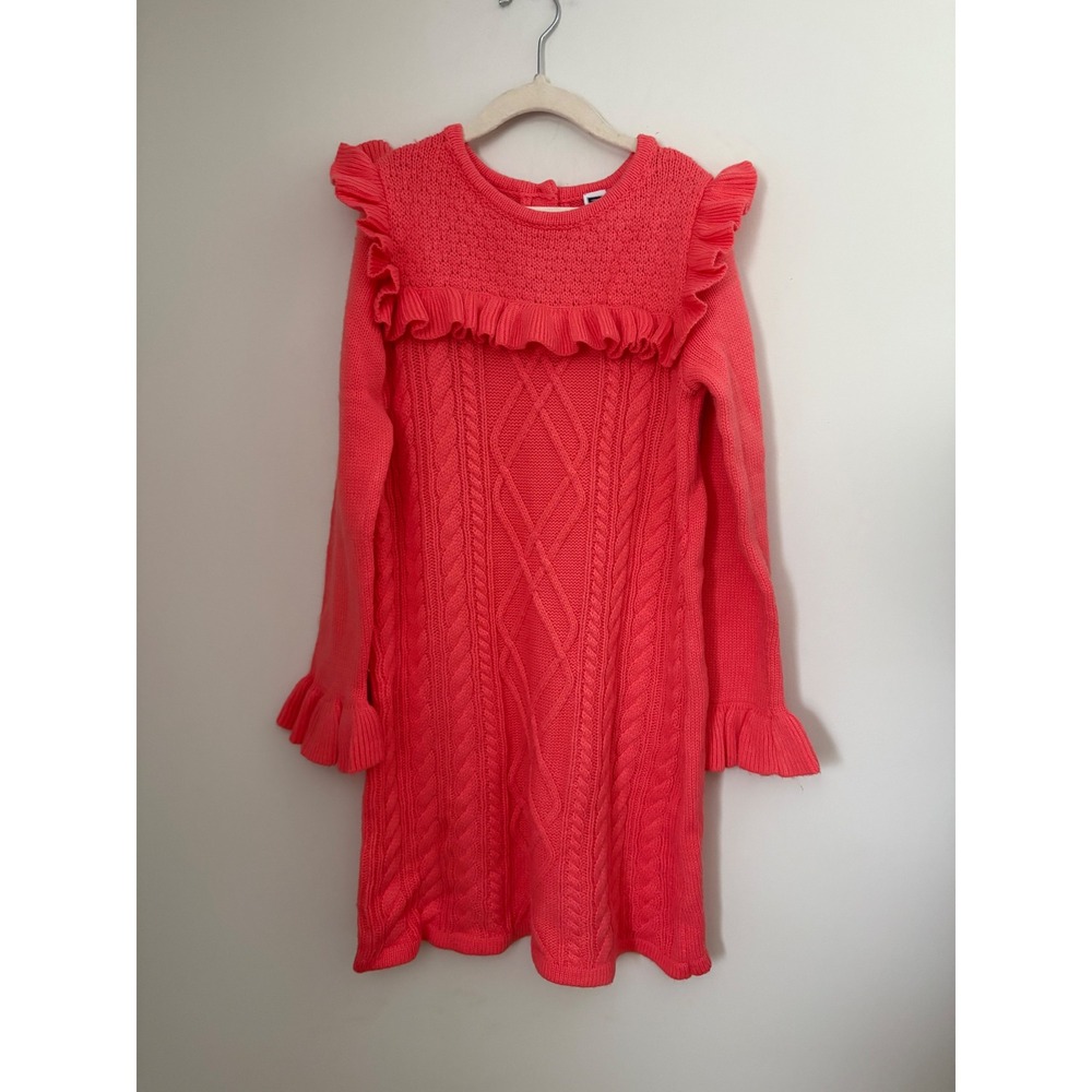 Janie and Jack Girls Coral Pink Cable Knit Ruffle Sweater Dress Size 8